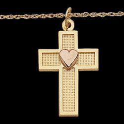 14K Yellow Gold Child Cross With Rose Gold Heart & 16 Inch Chainyellow 