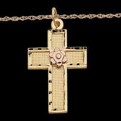 14K Yellow Gold Child Cross With Rose Gold Flower & 16 Inch Chainyellow 