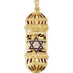 14K Yellow Gold Mezuzah Pendant With White & Blue Enamelyellow 