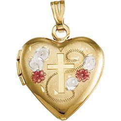 14K Yellow Gold Three Color Heart Shaped Locket With Crossyellow 