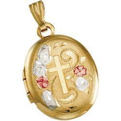 14K Yellow Gold Three Color Oval Shaped Cross Locketyellow 