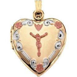 14K Yellow Gold Three Color Heart Shaped Locket With Crossyellow 