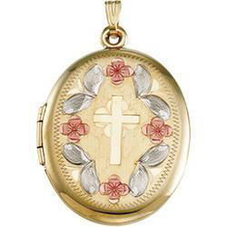 14K Yellow Gold Three Color Oval Shaped Cross Locketyellow 