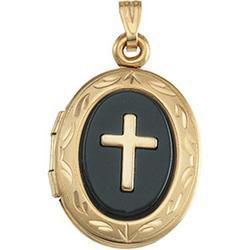 14K Yellow Gold Oval Shaped Locket With Onyx & Crossyellow 