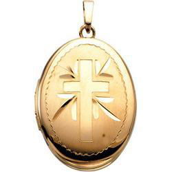 14K Yellow Gold Oval Locket With Crossyellow 