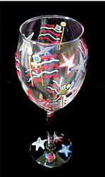 Stars & Stripes Design - Hand Painted - Wine Glass - 8 oz.stars 