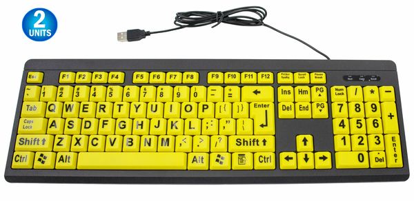 2 Big & Bright Easy See Keyboard - USB Wired - High Contrast Yellow With Black Oversized Letters - Low Vision Visually Impaired Keyboard For Seniors or Bad Visions.big 