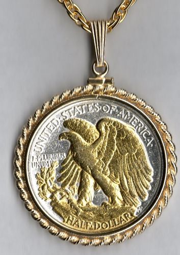 Gorgeous 2-Toned Gold on Silver U.S. Walking Liberty (Eagle side) half dollar Necklaces