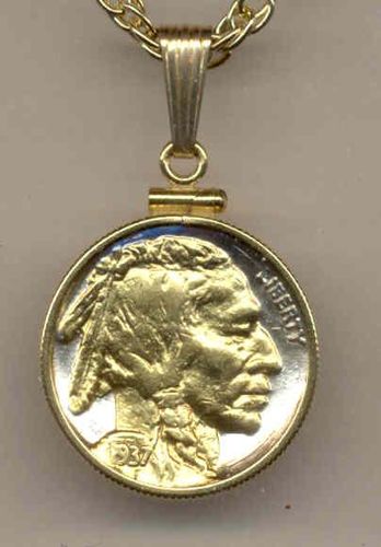 2-Toned Gold on Silver Old U.S. Indian nickel  Necklace