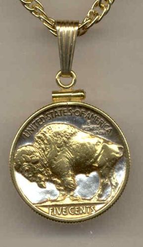 2-Toned Gold on Silver Old U.S. Buffalo nickel  Necklace