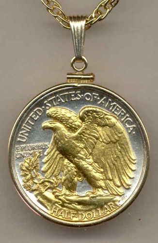 2-Toned Gold on Silver Old U.S. Walking Liberty half dollar (Eagle)  Necklace