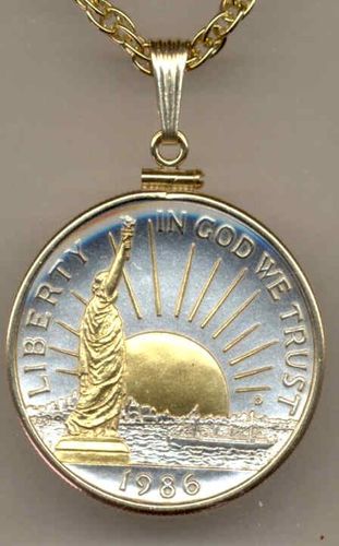 2-Toned Gold on Silver Statue of Liberty half dollar  Necklace