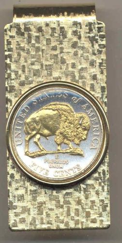 2-Toned Gold on Silver New Bison nickel coin (Hinge) Money clip