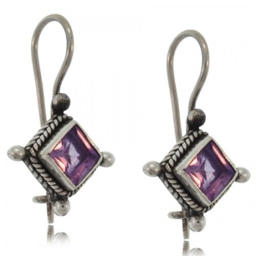 Amethyst Dangle Silver Earrings Princess Cut Amethyst