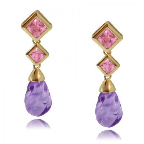 Amethyst Pink Tourmaline Dangle Earrings 14k Gold New