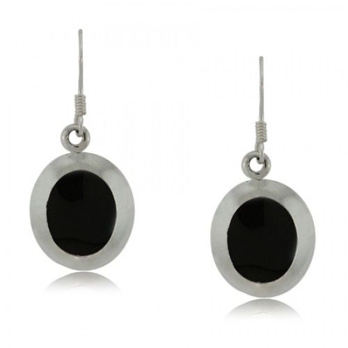 Black Onyx Silver Dangle Earrings Bezel Oval Black Onyx