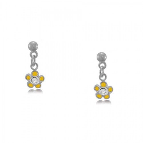 Flower Dangle Baby Earrings Silver Yellow Enamel Post Drops