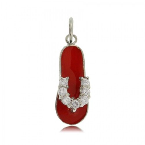 Sandal Pendant in Sterling Silver W/ Cz and Red Enamel