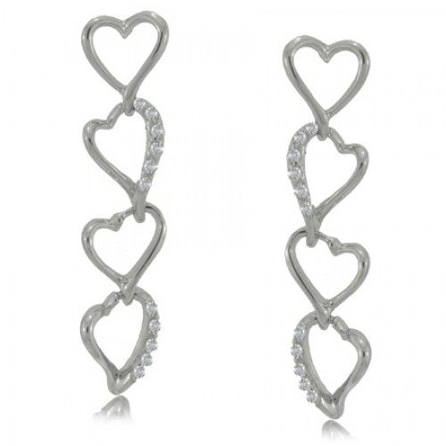 Heart Dangle Earrings W/ Cz Silver Post Drops Ladies