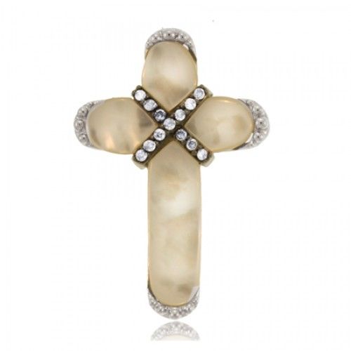 Ladies' Sterling Silver Mother of Pearl Cross Pendant W/ Criss-Cross Diamonds