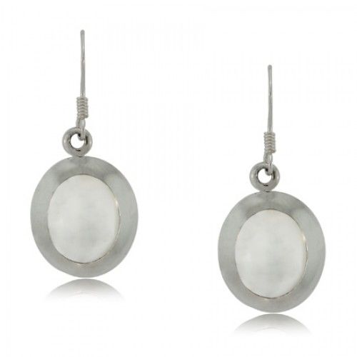 Mother of Pearl Earrings Silver Oval Bezel Dangles New