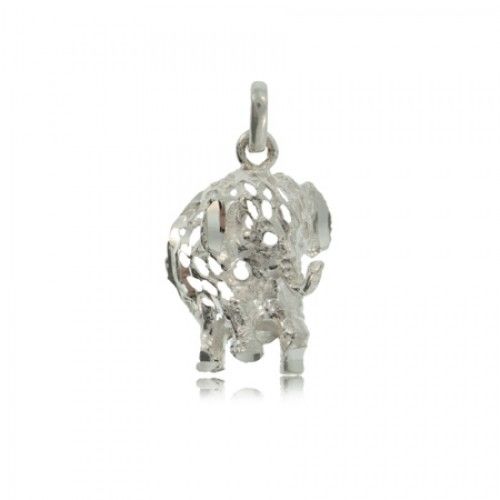 Lucky Elephant Pendant Silver Charm Textured - Trunk Up