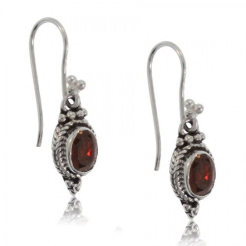 Oval Garnet Dangle Earrings Silver Bezel Ladies New