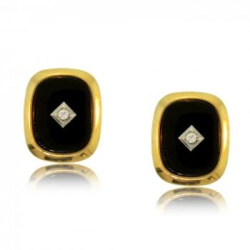 Gents Cuff Links W/ Black Jet & Crystal Gold Tone New