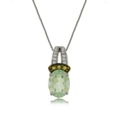 Green Amethyst Pendant W/ Diamond 10k White Gold New
