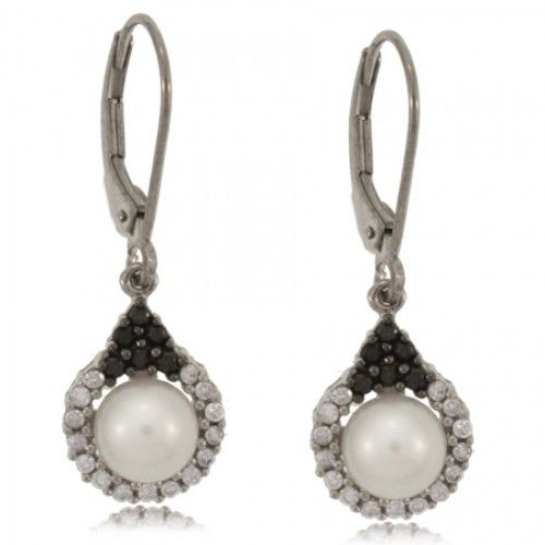 White Pearl Dangle Earrings W/ Diamond 14k White Gold