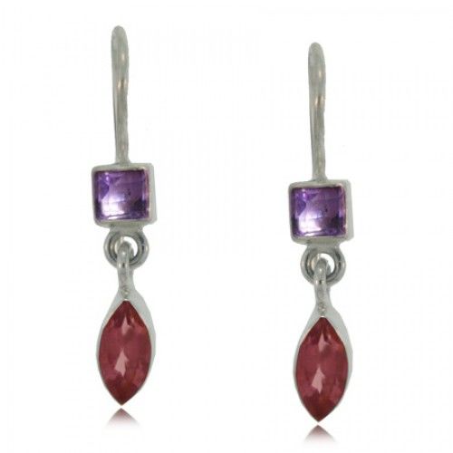 Amethyst Dangle Earrings W/ Garnet Silver Ladies Hooks