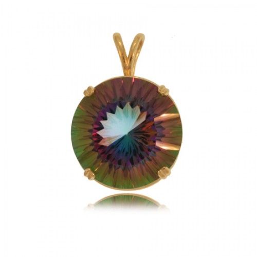 Mystic Fire Topaz Pendant 14k Gold Big Round Radiant