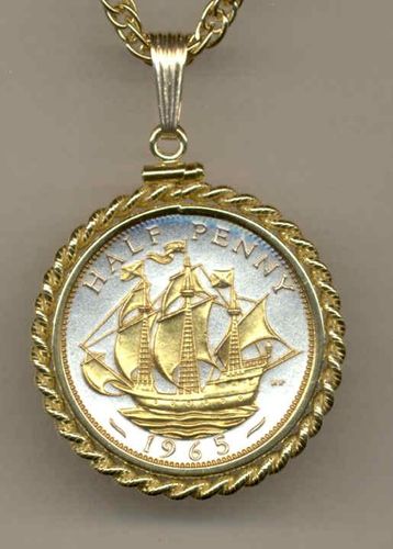 Gorgeous 2-Toned Gold on Silver British Sailing ship,  Coin Necklaces