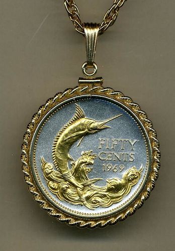 Gorgeous 2-Toned Gold on Silver Bahamas Blue Marlin,  Coin Necklaces