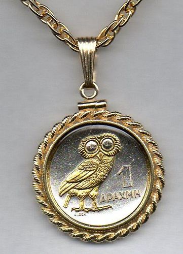 Gorgeous 2-Toned Gold on Silver Greek nickel size Owl,  Coin Necklaces