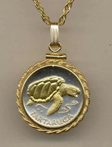 Gorgeous 2-Toned Gold on Silver  Cape Verde Sea Turtle,  Coin Necklaces