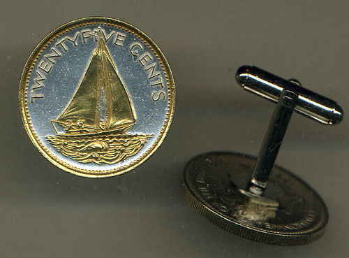 Unique 2-Toned Gold on Silver Bahamas Sail boat,  Coin Cufflinks
