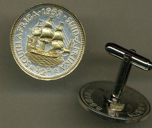 Unique 2-Toned Gold on Silver So. African Sailing ship,  Coin Cufflinks