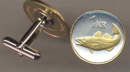 Unique 2-Toned Gold on Silver Iceland  Cod fish,  Coin Cufflinks