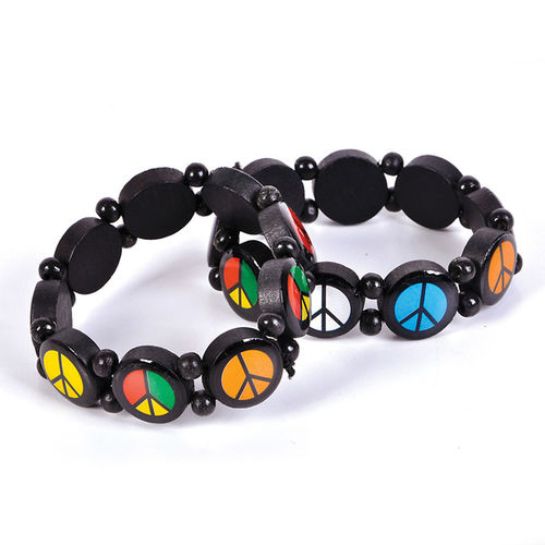8"" Stretch Peace Sign Wooden Bracelet Case Pack 12