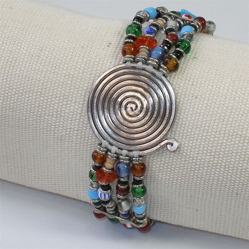 Silvertone 'Progress' Spiral Beaded Bracelet (Kenya) - Red