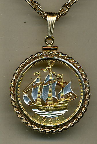 Stunning British Sailing ship- GOLD & SILVER coin cut outs  IN Gold Filled Bezels