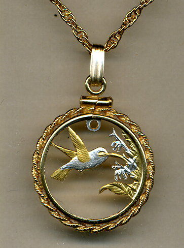 Stunning Trinidad & Tobago Hummingbird - GOLD & SILVER coin cut outs  IN Gold Filled Bezels