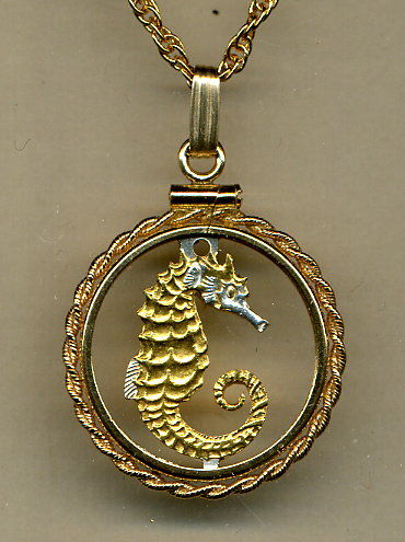 Stunning Singapore Seahorse  - GOLD & SILVER coin cut outs  IN Gold Filled Bezels