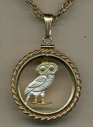 Stunning Greek  Owl - GOLD & SILVER coin cut outs  IN Gold Filled Bezels