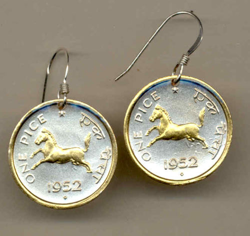 Gorgeous 2-Toned Gold on Silver India  Horse Coin Earrings