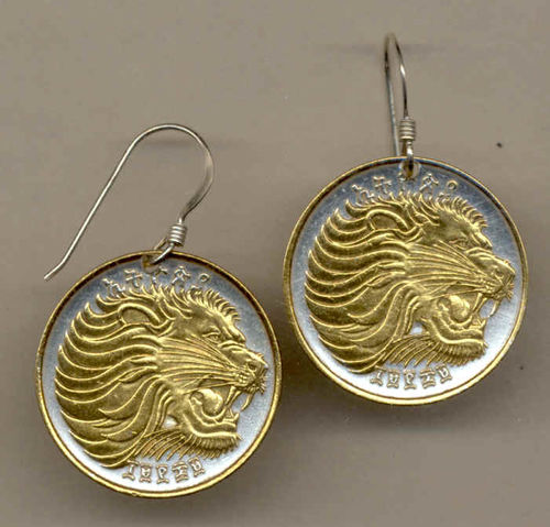 Gorgeous 2-Toned Gold on Silver Ethiopia  Lion  Coin Earrings