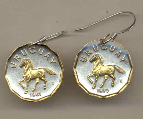 Gorgeous 2-Toned Gold on Silver Uruguay  Horse  Coin Earrings