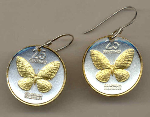 Gorgeous 2-Toned Gold on Silver Philippines  Butterfly Coin Earrings