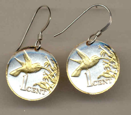 Gorgeous 2-Toned  Gold on Silver Trinidad & Tobago Hummingbird  Coin Earrings
